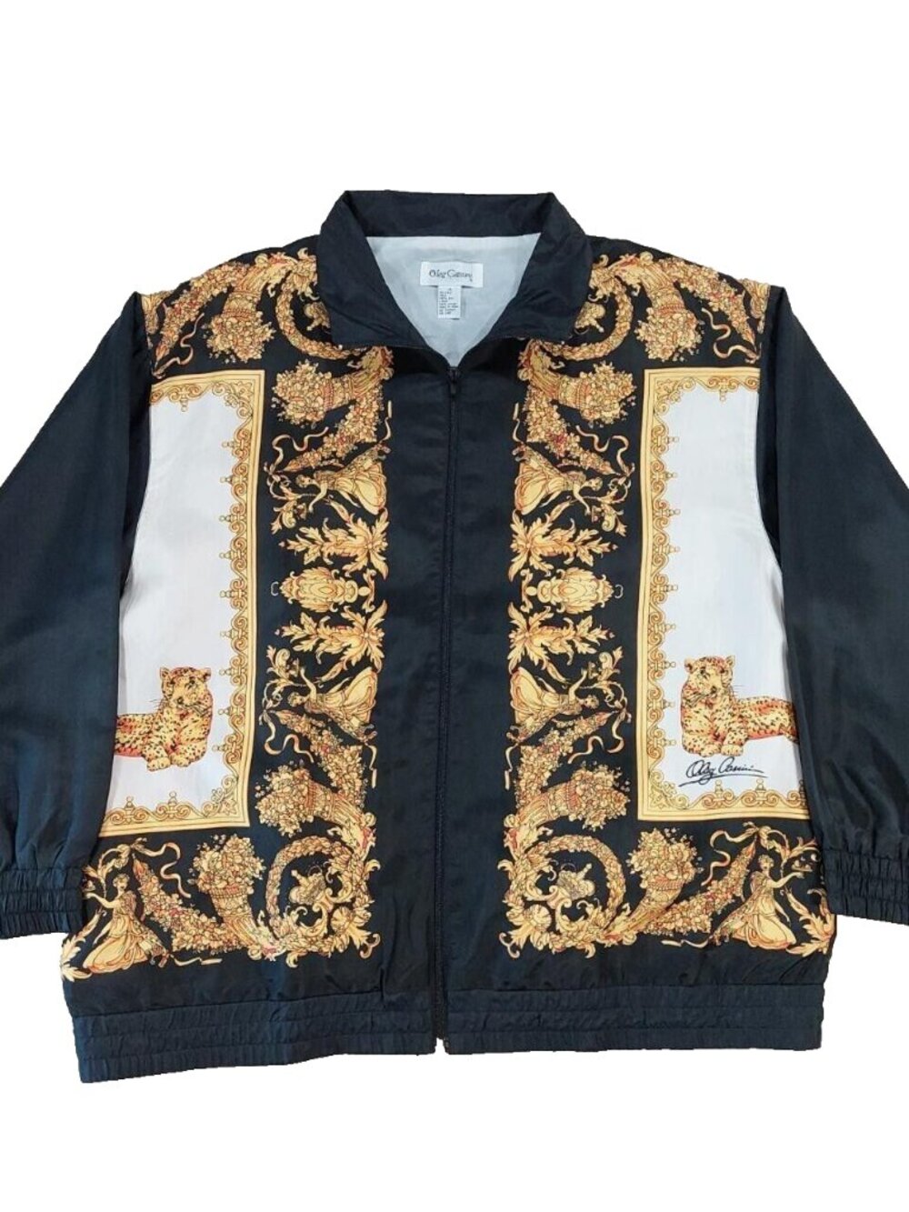 Vtg Oleg Cassini Silk Satin Jacket Gold Greco-Roman Art Print. Womens Sz 1X.